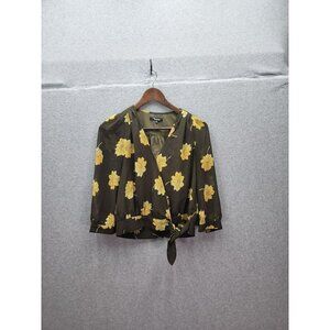 Madewell Womens XS Olive Green Floral Wrap Blouse With Tie Waist & Sheer Sleeves